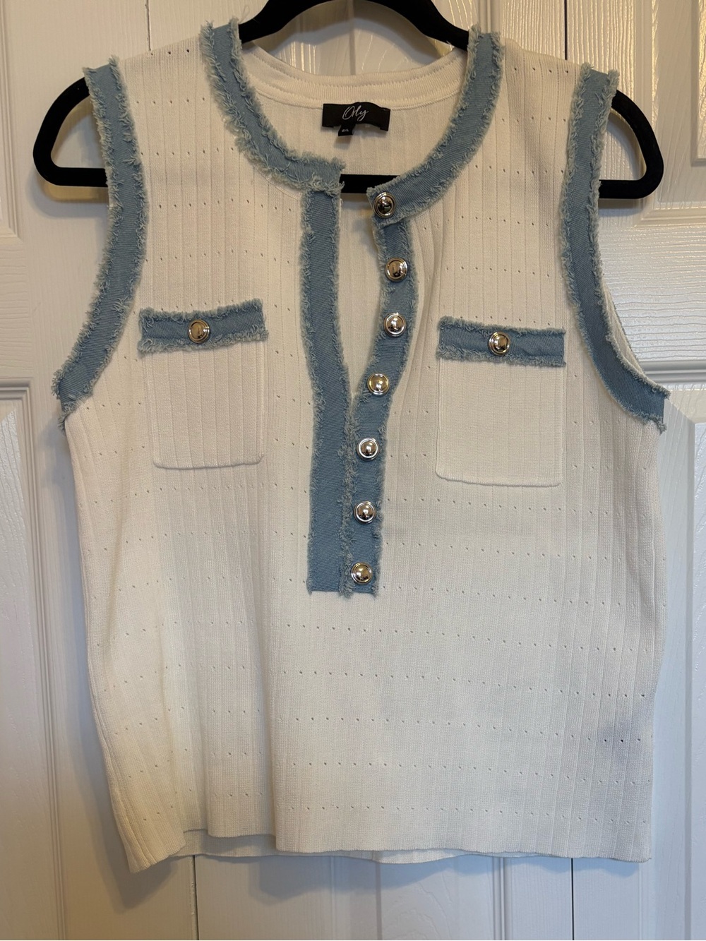 Orly Boutique White Sleeveless Deep V Neck Tank with Light Blue Denim Trim Large